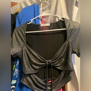 Love sheer glitter bow tie top